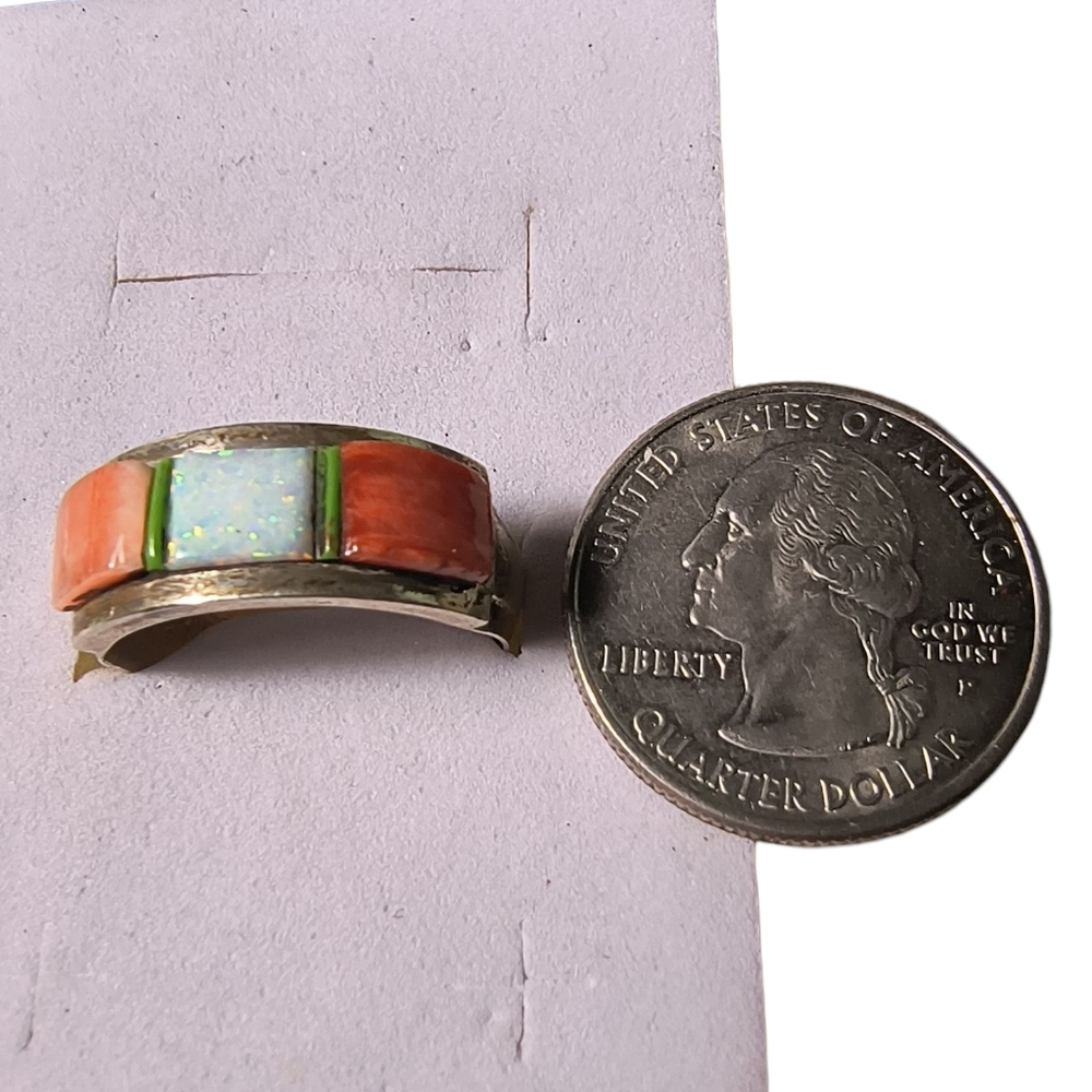 Victor Thompson Navajo Spiny Oyster & Lab Opal Sterling Silver Ring - Picture 5 of 12